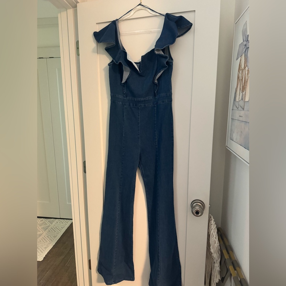 Vintage inspired denim stretch, jumpsuit flare leg